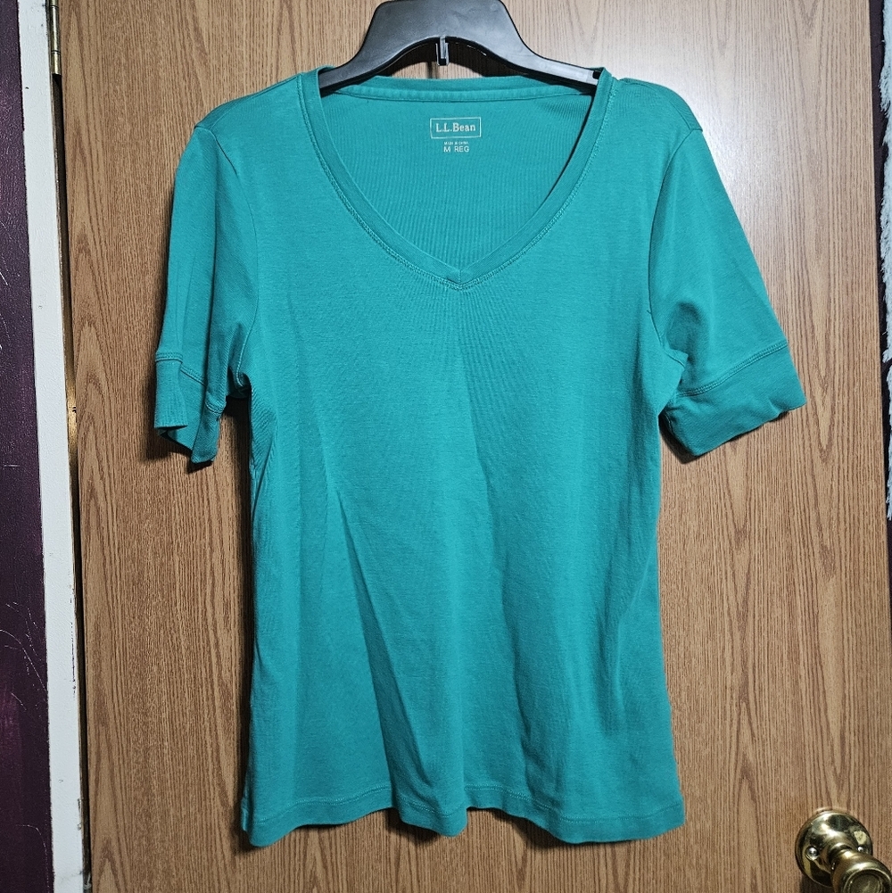 L.L.Bean Cotton V Neck Tee Fitted Slv Green Classic Outdoor Casual Womens Medium